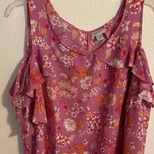 Floral Ruffle Blouse w/cold shoulder- Pink and Orange 30” long